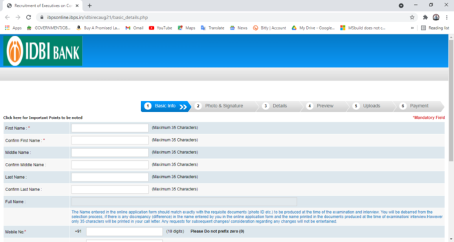 IDBI Bank Executive Online Form 2021