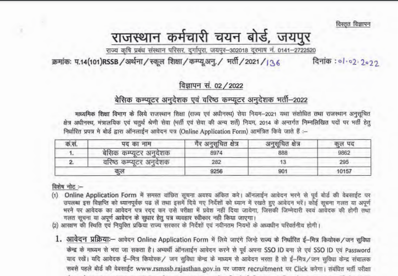Rajasthan RSMSSB Computer Instructor 2022 Online Form