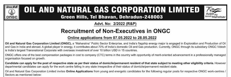 ONGC Non-Executive 2022 Online Form