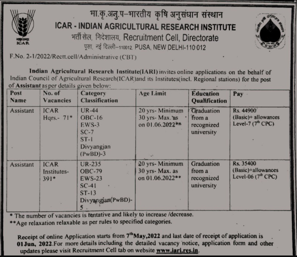 ICAR IARI Assistant Recruitment 2022 Online Form