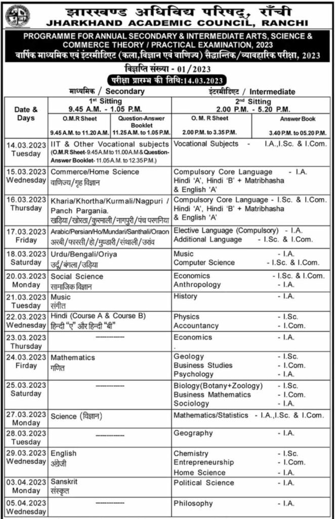 JAC Board Time Table 2023 for Class 10th & 12th | Check Now